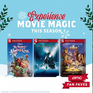 12 reactions | Happy Holidays from AMC! Enjoy $5 Fan Faves, like THE MUPPET CHRISTMAS CAROL, THE POLAR EXPRESS and THE STAR. Get your tickets today: https://amc.film/35eDpbP | AMC Theatres | Facebook