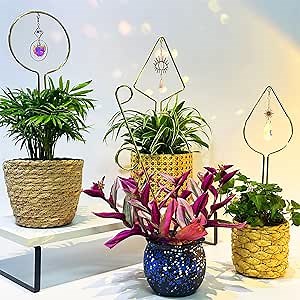 4P Indoor Plant Trellis for Potted Plants with Crystal Suncatcher, 14.5in Small Metal Trellis Support, Mini Indoor Plant Stakes, Plant Lover Gifts
