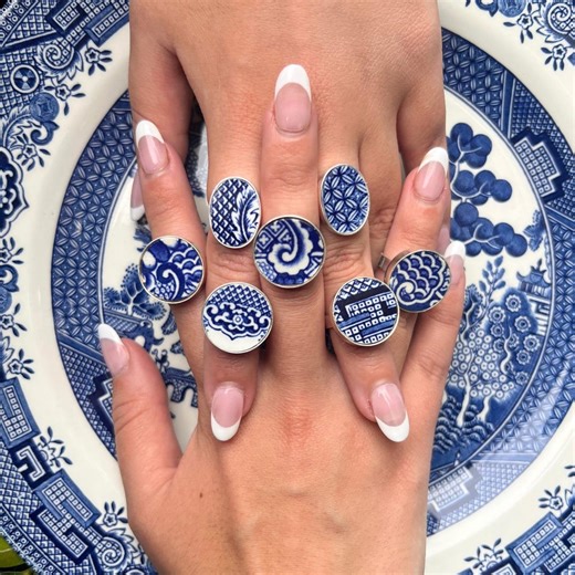 Blue Willow Broken China Jewelry Rings Upcycled With Sterling Silver, Vintage Chinoiserie Blue and White China Statement Ring Gift for Women - Etsy