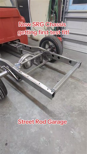 New SRG 55-57 Chevy truck chassis getting its first test fit under one of our truck builds. | Street Rod Garage SRG