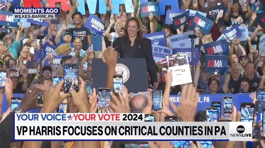 ABC News White House Correspondent MaryAlice Parks calls in from Wilkes-Barre, Pennsylvania, as Vice Pres. Kamala Harris addresses a crowd on the campaign trail. Parks telling ABC News' Elizabeth Schulze that Harris was interrupted by protestors "chanting 'Free Palestine.'" | ABC News Live