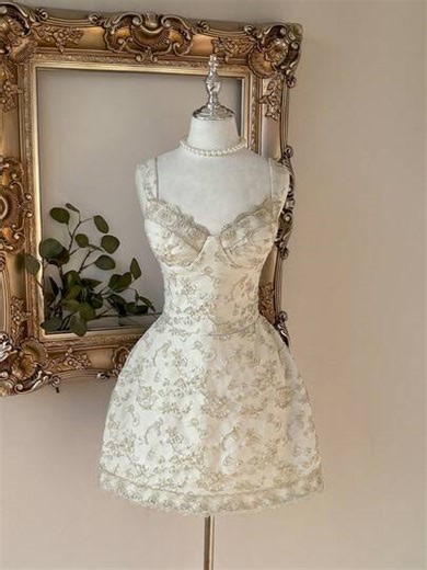 Elegant, Romantic, Fashionable White Jacquard Fabric Spaghetti Strap Bustier A-Line Dress, Elegant Party Dress, Wedding Guest Dress, White Dress, Bachelorette Party, Prom Dress, Cocktail Dress | SHEIN