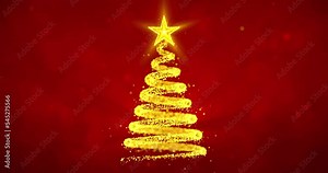 Rotating yellow light spiral from particles as Christmas tree on red background. Abstract Xmas tree animation. Winter holiday background as 4k video loop.