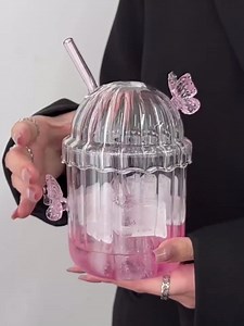 Pink Butterfly Glass Cup with Lid and Straw, 3D Butterfly Glass Tumbler Cute Aesthetic Cups Vintage French-style Pink Drinking Glasses for Hot and Cold Beverages Juice, Cocktail, Whiskey, Milk