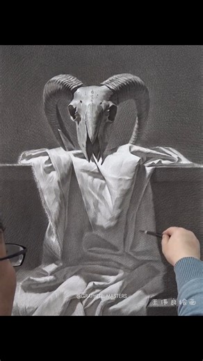 Graphite Drawing Art Gallery on Instagram: "Graphite drawing by artist Wang Wei Liang (Douyin) — a strikingly surreal still life that blends classical realism with symbolic tension. Masterful control of graphite values brings sculptural clarity to the ram skull, while the flowing fabric is rendered with exceptional softness and depth. Artist: Wang Wei Liang (Douyin) #graphitedrawing #graphiteart #stilllifedrawing #realismart #surrealart #fineartdrawing #artinspiration #tonalvalues #shadingmaster