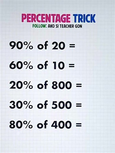 41K views · 300 reactions | Percentage Trick‼️ #mathtrick #basicmath #mathematics #MathTutor #teachergon #math #mathreview #percentage #percentagetricks #percentagehack | Ako si Teacher Gon | Facebook