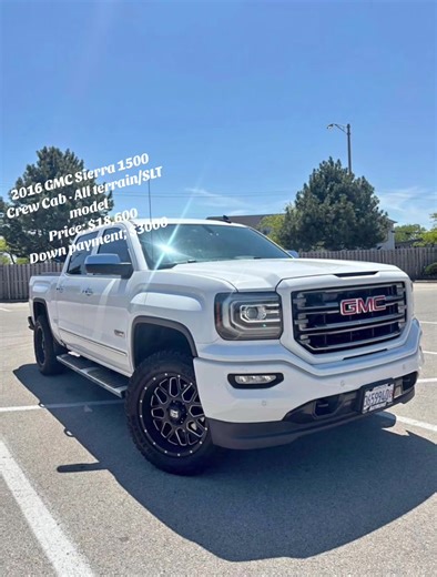 2016 GMC Sierra 1500 Crew Cab · All terrain/SLT model Price; $18,600 Down payment; $3000 Hello I’m selling my 2016 gmc sierra 1500 it’s been an amazing truck I have not had any issues with it so far I’ve owned the truck for about two years I am the second owner the truck has brand new tires and is completely stock nothing after market I had the ball joints and tie rods replaced about a year ago. I am asking 18,600 I am open to offers no trades strictly cash no lights on the dash you can bring yo