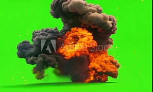 Explosion effect with bursting fireball, debris, and smoke plumes on an isolated green screen background