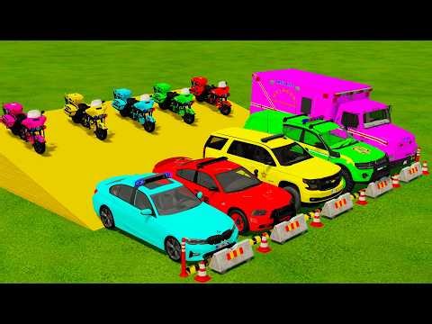 TRANSPORTING POLICE CAR BMW, DODGE, VOLKSWAGEN, THAOE, AMBULANCE ENGINE WITH SCANIA TRUCK