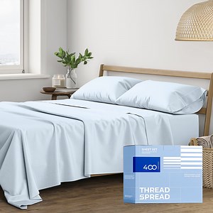 THREAD SPREAD Cotton Full Size Sheet Sets - 400 Thread Count 4 PC 100% Cotton Bed Sheets, 16” Deep Pocket Full Size Sheets Cotton, Soft, Cooling Full Sheet Set, Luxury Hotel Sheets - Light Blue