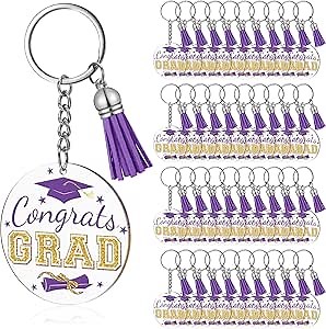 Inbagi 30 Pieces Congrats Grad Keychains Acrylic Keychain with Tassels 2026 Graduation Party Gift Decor (Purple)