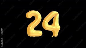 Helium Gold Balloon with Number - 24. Loop Animation with Alpha Channel Prores 4444.