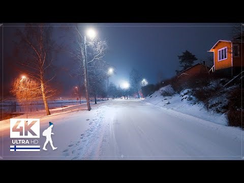 Lonely Night Walk in Atmospheric Seaside Town (Finland) - Slow TV 4K