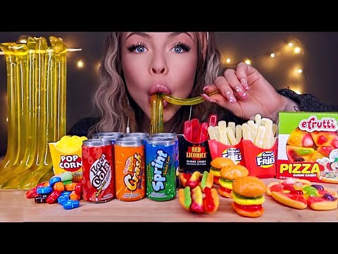 ASMR JELLY NOODLES, FIZZ CANDY SODA BOTTLES, GUMMY JELLY, MINI PIZZA, HAMBURGER GUMMY MUKBANG 먹방