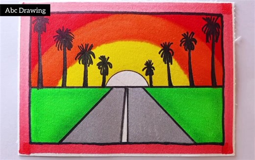 Easy Sunset Road Landscape Drawing Tutorial