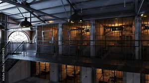 Interior of the modern prison. Hallway with two floors and rows of cells.
