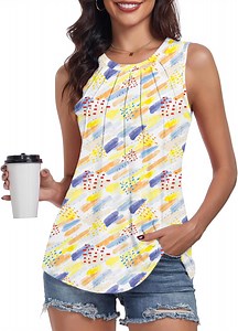 Women's Summer Tank Tops Pleated Round Neck Sleeveless Tops