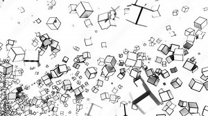 Abstract spreading stream of 3d cubes. Motion. Silhouettes of small flying and rotating cubes.