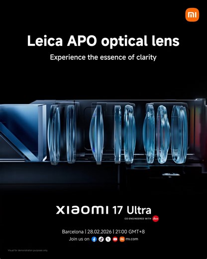 Redesigned telephoto system with upgraded materials and precision optical engineering. Leica APO performance debuts on #Xiaomi17Ultra — the world’s first smartphone featuring a Leica APO lens. Join us at #XiaomiLaunch. 🕑 February 28, 21:00 (GMT 8) | Xiaomi Malaysia