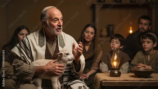 Biblical elder explaining the Passover ritual to his family while holding a sacrificial lamb. Ancient Jewish tradition in a rustic home. Religious history concept