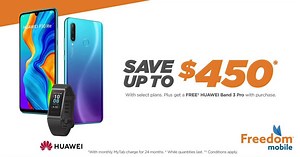 You need this phone. Save up to $450* on the HUAWEI P30 lite, now at Freedom. Plus get a FREE† HUAWEI Band 3 Pro with purchase on select plans. | Freedom Mobile