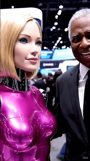 Futuristic Blonde Female Robot 2025 – Metallic Pink Suit & Silver Mechanics in Convention Hall #ai