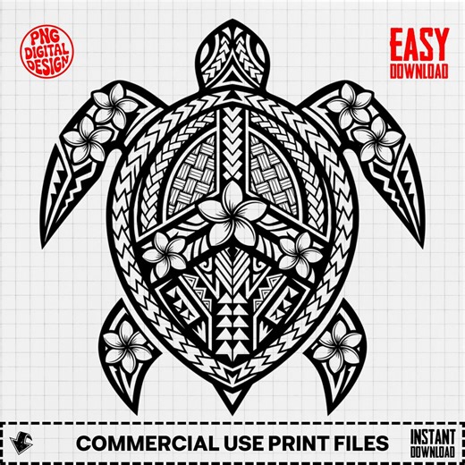 Tribal Turtle Design Digital, Polynesian Tattoo Art, Sea Turtle SVG PNG, Hawaiian Plumeria, Turtle Clipart, Vector Cut File - Etsy