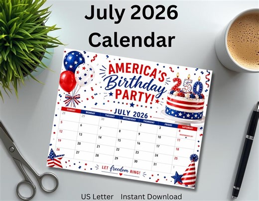 Printable 2026 July Birthday Calendar - 4th of July Planner (instant Download) - Etsy UK