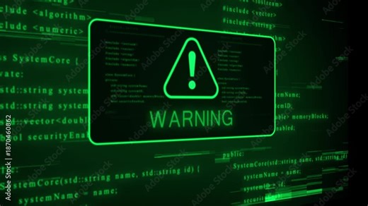 Close-up of a digital screen with green computer code, a central warning triangle and subtle glitch effects, conveying a system status update or a minor error notification in a technological context