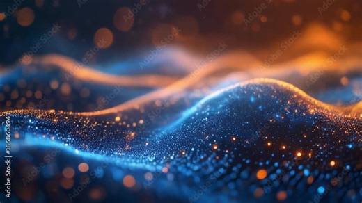 Rainbow strings vibrate, rapidly expanding and contracting, swirling within the dark gradient. Camera slowly zooms out, revealing the starry expanse. Abstract blue waves with sparkling stars.