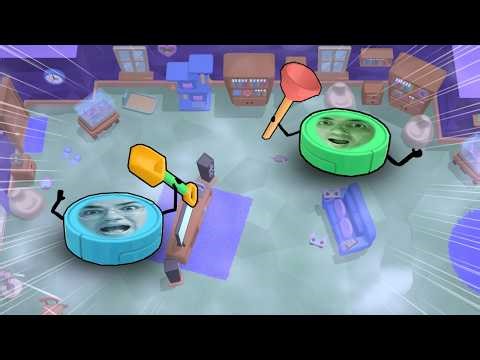 We turned into vacuum cleaner robots and had a battle in the middle of the house!