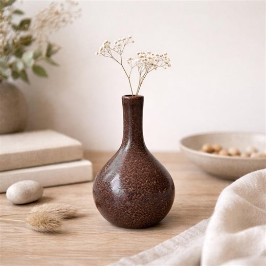 Studio Pottery Bud Vase – Signed Brown Textured Stoneware - Etsy