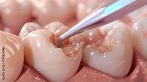 A highly detailed close-up image of a dental caries treatment process showing a dental instrument and affected teeth. Drilling into tooth enamel. Removal of nerve and caries. Filling