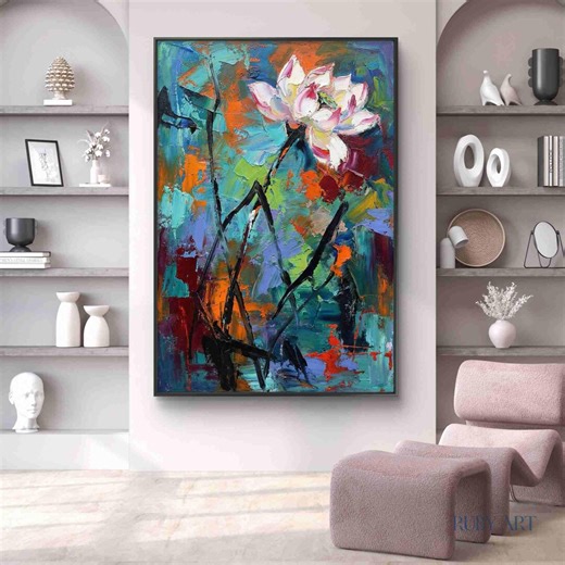 Abstract Lotus Flower Oil Painting | Modern Botanical Impasto Art - Etsy