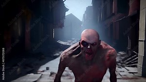 A lone zombie figure walks through the deserted streets of a ruined city, the apocalypse causes horror and fear