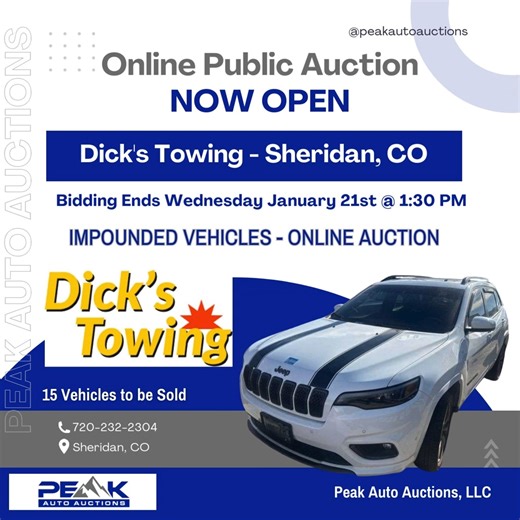 🚗 Bidding is now live! Check out our latest online auto auction and get your bids in before it closes Wednesday, January 21st at 1:30 PM. The countdown is on—start bidding now! #BidNow #autoauction #sheridancolorado https://www.peakautoauctionsco.com/auctions/11823-dicks-towing-sheridan-online-auction | Peak Auto Auctions - Colorado