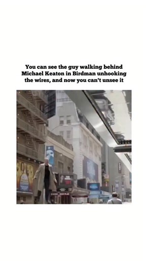 Interesting Vault on Instagram: "One of the most famous illusions in Birdman (2014) is the way the film makes Michael Keaton’s character appear to levitate through the streets of New York — but if you look closely, you can actually spot a crew member walking behind him discreetly detaching the wire rig mid-shot. The movie was designed to feel like one continuous take, which meant traditional VFX cleanup wasn’t always possible in real time. Instead of relying heavily on CGI, director Alejandro G.