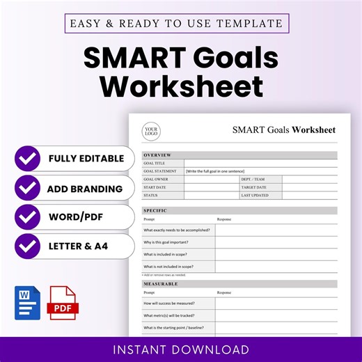 SMART Goals Worksheet Template – Word & PDF, A4 + US Letter - Etsy