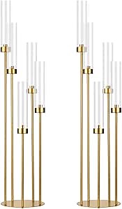 2PCS Gold Floor Candelabra,5 Arm Candle Holder Tall Floor Candle Holder with Acrylic Lampshade for Wedding Table Birthday Party Home Decoration Fit LED Taper Candles