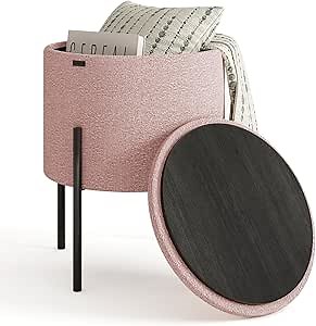 STORAGEBUD Round Ottoman with Storage - Boucle Storage Foot Stool for Makeup Vanity, Small Ottoman for Living Room and Bedroom - Pink