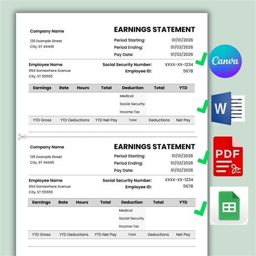 Editable Employee Pay Stub Template, Printable Payroll, Paycheck Earnings Statement, Canva, Template Sheets, Instant Download PDF - Etsy