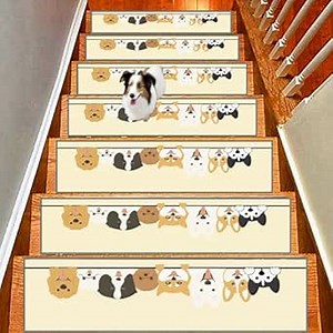 15 Pack Carpet Stair Treads,30"X8" Dogs Motifs Stair Treads for Wooden Steps,Indoor Stair Runners Non Slip Stair Rugs Mats for Dogs, Kids, Elders. (Yellowish)