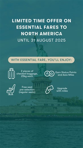 1.1K views · 162 reactions | Fly to North America and elevate your journey with Cathay Pacific’s essential fares on Economy. ✅ 2 pieces of checked baggage, 23kg each ✅ Free seat pre-selection for regular seats ✅ Earn Status Points and Asia Miles ✅ Upgrade with Asia Miles Book now before 31 August 2025 to enjoy this limited time offer! | Cathay Pacific | Facebook
