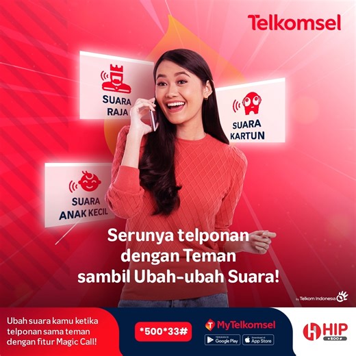 Lagi nyari ide buat seru-seruan bareng sahabat walaupun cuma lewat telepon? Yuk, cobain telponan pake fitur Magic Call dari Telkomsel 📞🤹‍♂️ Pakai fitur ini, suara kamu bisa tiba-tiba berubah jadi suara kartun, raja, anak kecil, bahkan suara wanita! Ajaib banget, kan? Dijamin telponan jadi ngakak nonstop~😆 Buruan nikmatin serunya telponan pakai Magic Call dengan aktifin paketnya mulai Rp1.100/3 hari atau Rp5.500/30 hari di MyTelkomsel atau lewat *500*33#. | Telkomsel
