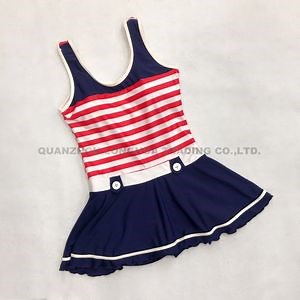 [Hot Item] Women Girls Swimwear One Piece Tankini Stripe Skirt Padded with Brief Swimsuit