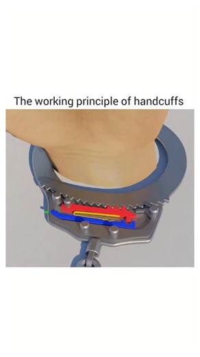 @gearheadgiggle on Instagram: "The video provides a detailed explanation of how handcuffs function, beginning with a close-up of a handcuffed wrist to highlight the internal components and the connecting chain. It then focuses on the core mechanism: an adjustable, fan-shaped metal arm made of curved steel or alloy, featuring teeth along its outer edge. This arm can rotate 360 degrees and is central to the locking system. When the handcuff closes, the teeth engage with an internal pawl under spri