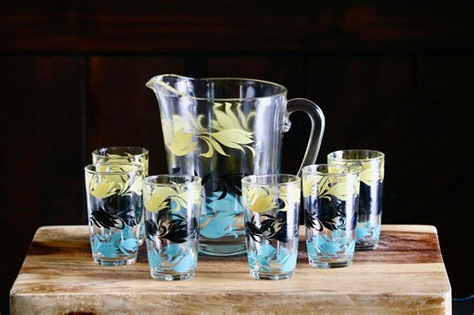 Vintage Hazel Atlas Juice Pitcher With 6 Tumblers, Retro Kitchenalia, Yellow Black & Teal Art Nouveau Drinking Glasses and Jug, Grannycore - Etsy