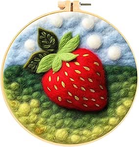 Hlison Strawberries Needle Felting Kit with Vedio Tutorial, Beginner Felting Needle Includes Wool Bag, Felting Needles, Foam Pad, Felt Cloth, Instructions