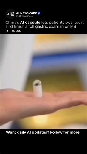 AI News | Technology | Business on Instagram: "Follow 👉🏼 @AINewsZone to stay updated on the world's most fascinating AI developments. 🤯 China has introduced an AI-driven medical capsule that’s reshaping how stomach exams are performed, letting patients complete a full screening in roughly eight minutes after swallowing a single pill-sized device. Instead of invasive tubes or sedation, the capsule captures internal images and uses intelligent analysis to scan the stomach from the inside, reduc