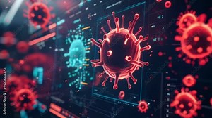 Advanced hightech graphics that prominently showcase intricate virus structures along with data analysis tools